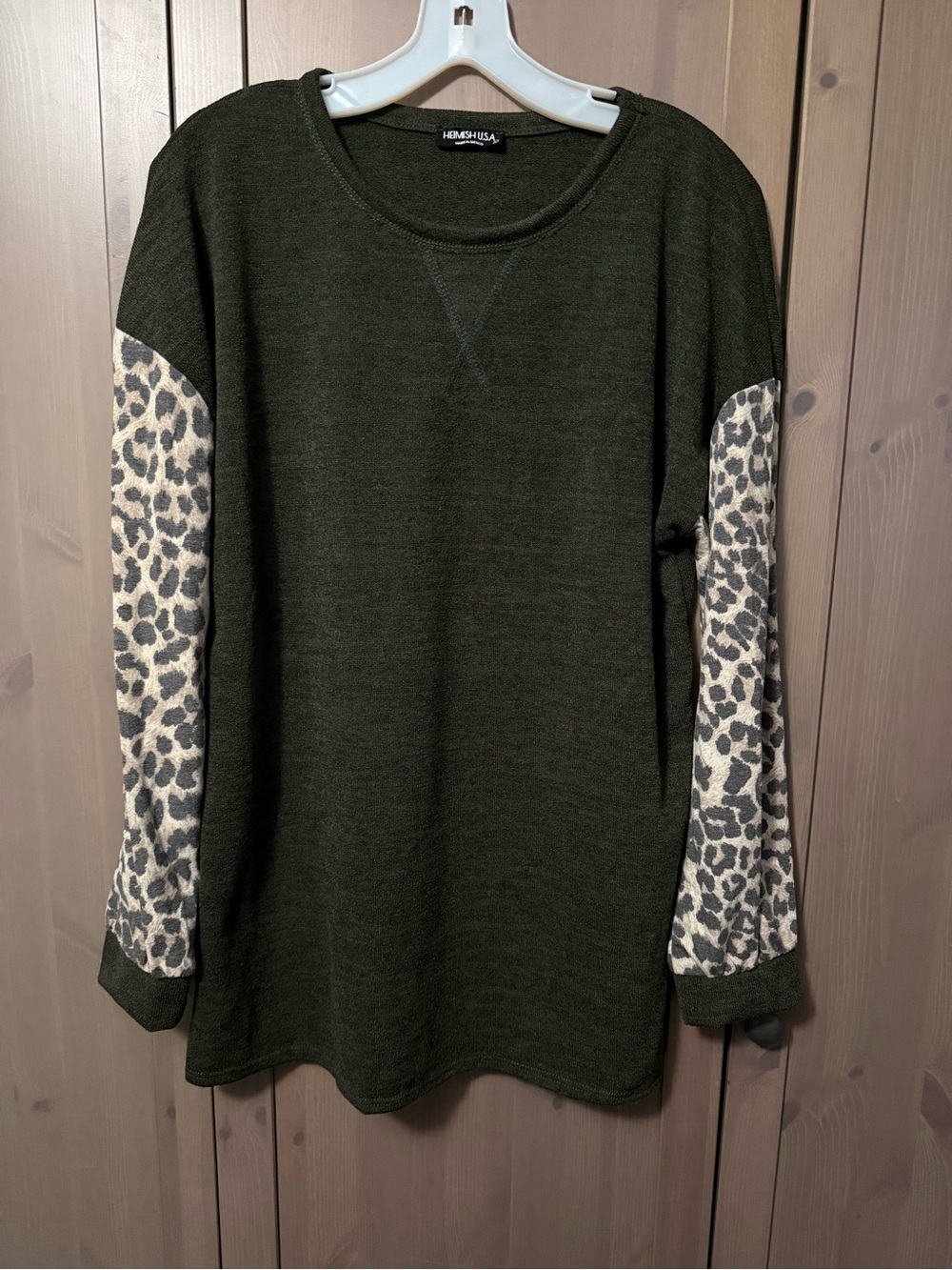 Heimish USA Olive Green Leopard Sleeve Sweater, Size L